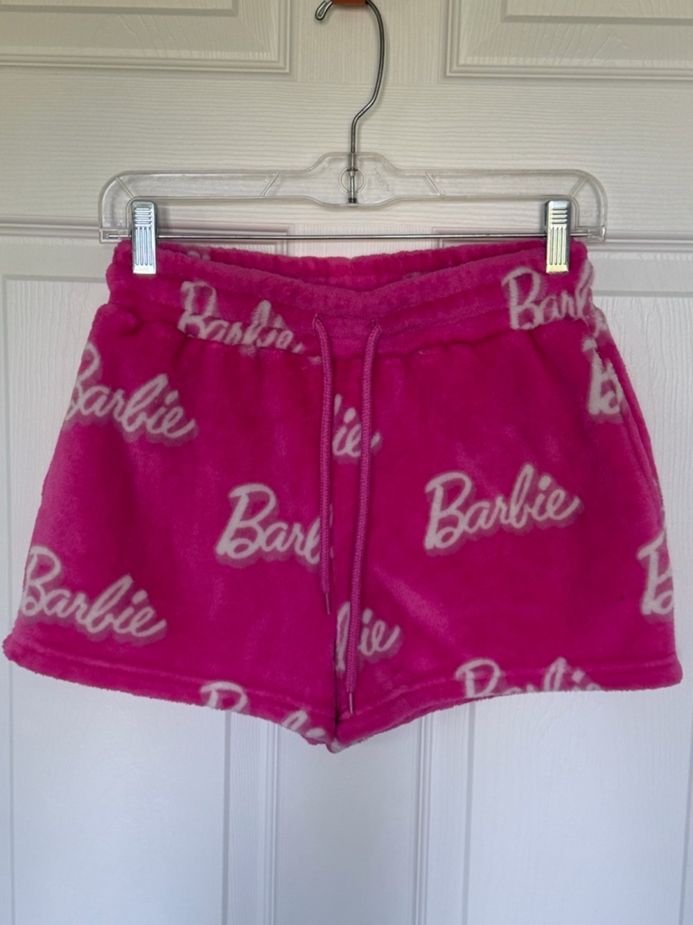 BARBIE Plush Lounge Shorts Pink Logo Fleece Pajama Sleep Shorts Size Small - Picture 12 of 14